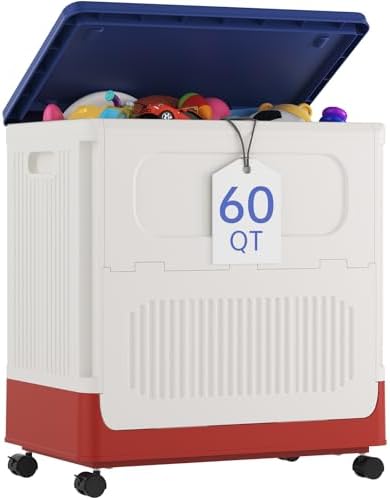 HAIXIN 60QT Storage Bin with Lid and Wheels, White-Blue-Red Toy Chest by HAIXIN
