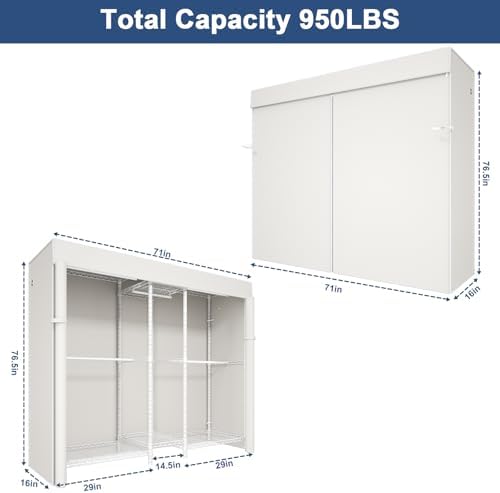 Ulif E12C Pro Heavy Duty Closet Organizer System，Freestanding Clothing Racks for Hanging Clothes，Adjustable Garment Rack 71"W x 16"D x 76.5"H Hold 960lbs，White Clothing Rack with White Dustproof Cover - Image 2