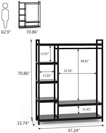 LITTLE TREE Free Standing Wood Closet Clothes Rack,Heavy Duty Grament Rack with Shelves,Hanging Racks for Clothes Clothing Rack for Bedrom,Wardrobe Closet Organizer,350 lb Capacity,Black - Image 3