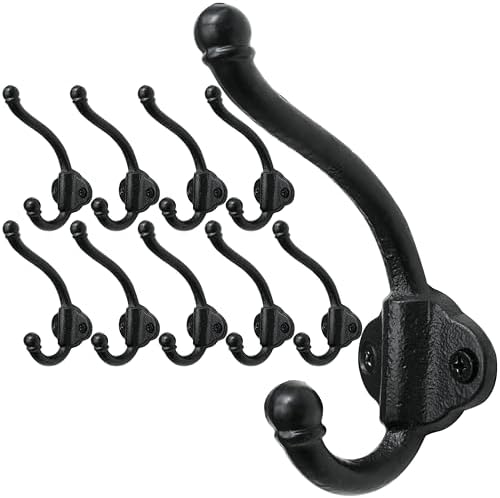 WEBI Rustic Coat Hooks Wall Mount,10 Cast Iron Wall Hooks for Hanging Heavy Duty Antique Backpack Hooks Vintage Decorative Wall Hooks for Farmhouse,Closet,Mudroom,Robe,Coats,Clothes,Black by WEBI