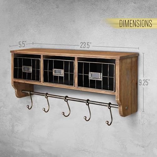 BizChair Wall Mounted Storage Rack - Rustic Brown Solid Pine Wood - 24 Inch - Upper Shelf - 5 Hooks - Wire Baskets - For Entryway, Kitchen, Bathroom - Image 3
