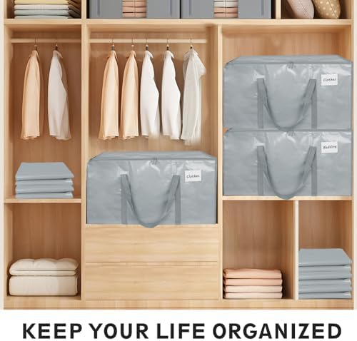 16 Pack-Extra Large Heavy Duty Moving Bags - Waterproof Storage Totes with Handles & Zippers, Foldable for College Dorm, Storage (light gray) - Image 5