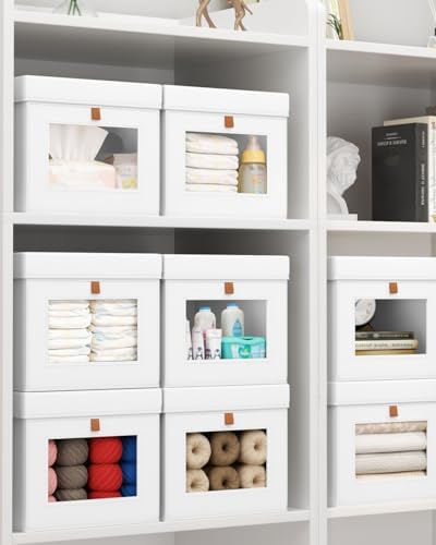 Homsorout Storage Bins with Lid – Closet Organizer with Side Opening and Clear Window, Foldable Stackable Fabric Basket for Clothes, Home, Office - 13.77" x 11.8" x 9.8", 5 Pack, White - Image 6