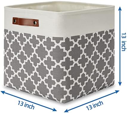 Temary 13ﾗ13ﾗ13 Foldable Storage Cube Baskets Fabric Cube Storage Basket for Organizing Cloth Storage Bins with Leather Handles for Gifts Empty, Closet (Grey Lattice) - Image 2
