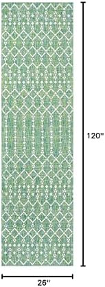 Eyely Moroccan Woven Runner Rug 2X10 Green/Cream, Indoor Outdoor Rug - Image 2