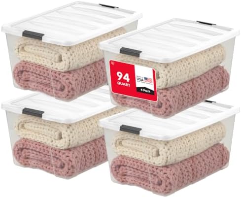 IRIS USA 94 Qt Storage Bins with Lids, 4 Pack, BPA-Free, Clear/White by IRISUSA