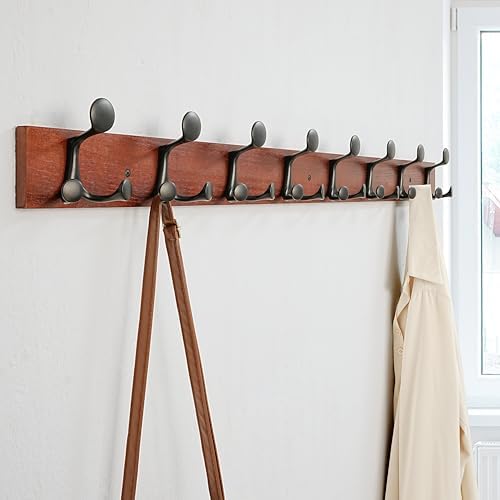 SKOLOO 43-Inch Cherry Wood Coat Rack Wall Mount with 8 Triple Hooks - Ideal for Family Entrances, Classrooms, and Pet Supplies Storage - Perfect Coat Hooks for Wall, Pack of 2 - Image 4