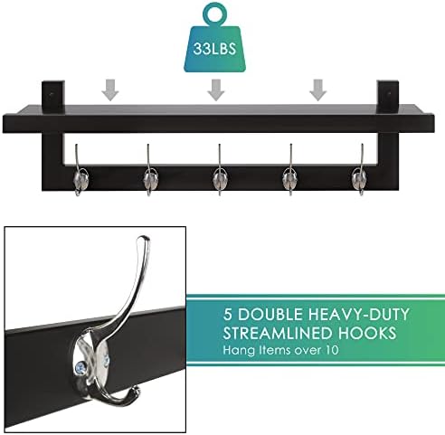 SMIBUY Coat Hooks with Shelf Wall-Mounted, 29.2 Inch Entryway Coat Rack for Wall, Bamboo Hanging Shelf with 5 Double Metal Hooks for Bathroom, Bedroom, Kitchen, Living Room, Mudroom (Black+Silver) - Image 6