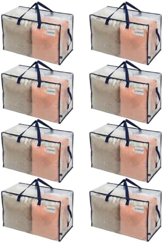 VENO 8 Pack Clear Extra Large Moving Bags & Storage Totes, Heavy Duty Organizer with Reinforced Handles & Strong Zippers for Clothes, College Dorm Essentials, Moving Supplies by Veno