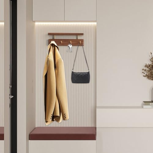 Solid Wood Shelf with Hooks, 12 inch Coat Rack Wall Mount, Shelves with 4 Brass Hooks for Hanging in Entryway, Living Room, Bathroom, Bedroom, Kitchen(Walnut) - Image 3