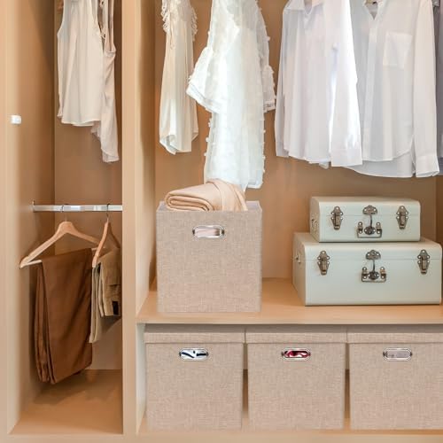 Storage Bins with Lids, Collapsible Linen Fabric Boxes Organizer Containers with Lid Foldable Storage Box Basket for Closet, Shelves, Home, Office, 11 x 11 x 11.4 Inch, 4 Pack, Khaki - Image 6