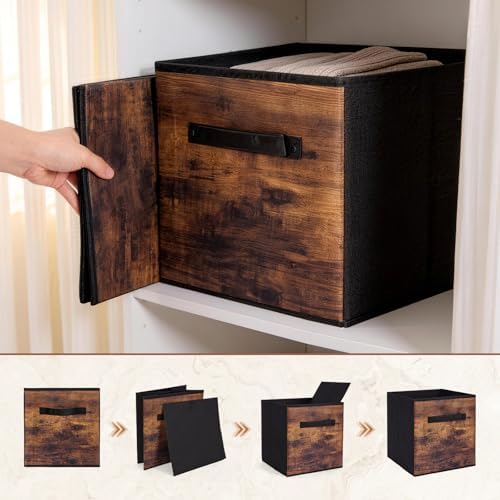 13 Inch Fabric Storage Cubes, 8 Pack Foldable Storage Bins with Handle, Fabric Cube Box for Shelves, Closet, Bedroom, Living Room, Organizer, Rustic Brown and Ink Black - Image 4
