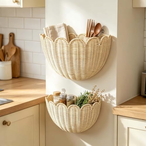 Scalloped Wall Basket Set of 2,Boho Hanging Wicker Wall Baskets - Image 6