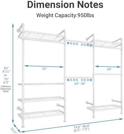 Timate F3 Garment Rack Heavy Duty Clothes Rack for Hanging Clothes, Expandable Industrial Pipe Wall Mounted Clothing Rack, Adjustable Storage Closet Wardrobe Closets System, White - Image 5