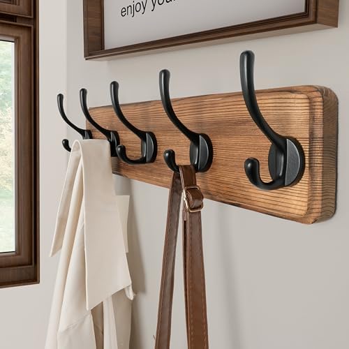 SKOLOO Rustic Coat Rack Wall Mount, 5 Hooks, 17 Inch, Solid Wood, Brown - Image 5