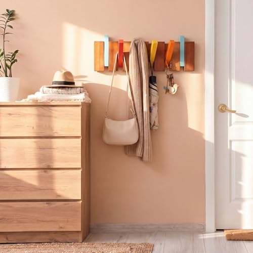 Youyole 6 Hook Wood Coat Rack Wall Mount Mid Century Modern Wooden Coat Hooks Colorful Heavy Duty Flip Down Piano Hat Rack for Hanging Coats Keys Hats Robe Towels Home - Image 5