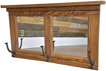 Wall Mounted Wooden Framed Mirror with Hooks – Floating Mission Mirror with Coat Hooks – Rustic Entryway Coat Hanger (30" W x 3" D x 17.5" H, Oak Wood with Michaels Stain) by RusticRedDoor