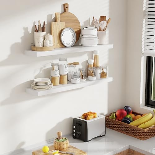Acovy 36 Inch Floating Shelves, 8 Inch Deep Floating Shelves for Wall, Hanging Shelf with Invisible Brackets, Deep Shelves for Bathroom, Bedroom, Living Room, White, Set of 2 - Image 2