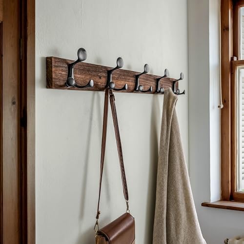 SKOLOO 30-Inch Wood Burnt Coat Rack Wall Mount with 5 Triple Hooks - Ideal for Family Entrances, Classrooms, and Pet Supplies Storage - Perfect Coat Hooks for Wall, Pack of 2 - Image 2
