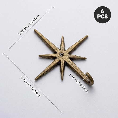 6 Pack Cast Iron Atomic Starburst Wall Hooks, Gold Mid Century Modern Coat and Towel Hooks for Entryway, Bathroom, Kitchen, Bedroom, Decorative Vintage Style Star Hooks - Image 2