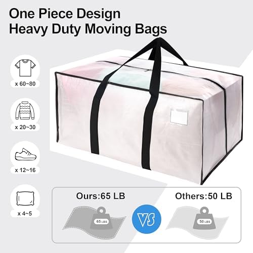 VELVETSURE 12 Pack Heavy Duty Large Moving Bags W/Backpack Straps - Strong Handles & Zippers, Storage Totes For Space Saving, Fold Flat, Alternative to Moving Box and Storage Bin, Semi-Transparent - Image 5