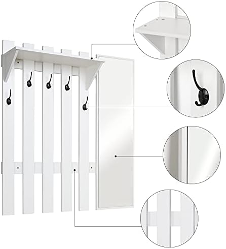 39.4" Coat Rack Wall Mount with Shelf and Mirror, Wall Shelf with 5 Hooks and Storage for Hallway Entryway Modern (White) - Image 2