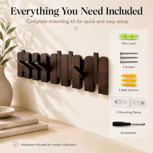 Piano Coat Rack, Solid Beech Wall Hooks, Walnut Finish, 8 Hooks - Image 5