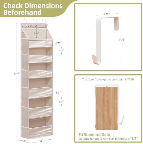 Over Door Organizer with 6 Extra Large Pockets 12 Side Pockets, Sturdy Closet Storage Rack, Hanging Storage Organizer with Clear Window for Shoes, Diaper, Bedroom, Bathroom, Beige, 4-Pack - Image 2