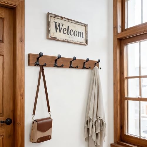 SKOLOO 30-Inch Wood Coat Rack Wall Mount with 5 Triple Hooks - Ideal for Family Entrances, Classrooms, and Pet Supplies Storage - Perfect Coat Hooks for Wall,Charred Golden Brown - Image 2