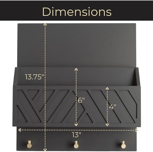 BLU MONACO | Wall-Mounted Mail and Key Holder in Grey Wood | Two-Tier Mail Organizer with Gold Hooks | Entryway Command Center for Home or Office - Image 6