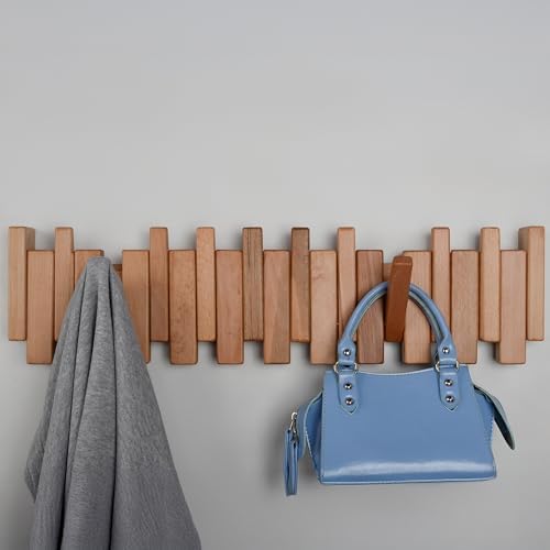 Beech Piano Key Coat Rack with 10 Flip Hooks, Natural - Image 3