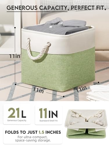 Temary 11 Inch Cube Storage Bins - 6 Pack Foldable Fabric Storage Baskets with Soft Rope Handles, Sturdy Organizer Cubes with Metal Frame for Shelves, Closet, Office & Home Organization (White&Green) - Image 2