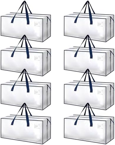 HealSmart 8 Pack Extra Large Moving Bags with Zippers & Carrying Handles, Heavy-Duty Storage Tote Moving Boxes for Dorm Room Essentials Storage Bags, Clear by HealSmart