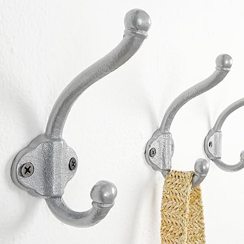 Dseap Cast Iron Wall Hooks L=5”, Heavy Duty Coat Hooks, Rustic Vintage Farmhouse Hook for Hanging Winter Coats Jackets Towels Hats Bags Plants, Silver, Pack of 10 (VintageBold) - Image 3