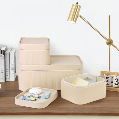 HofferRuffer Faux Leather Decorative Storage Boxes, Dust proof Storage Shelf Baskets with Lids Trays, Storage Bins Memory Box Organizer for Home, Office, Jewelry & More, Set of 3 (Beige) - Image 6