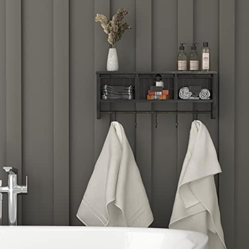 Merrick Lane Enid Wall Mount Storage Rack - Blackwashed Pine Wood - 24" Wide - Upper Shelf - 5 Hooks - Wire Baskets - For Entryway, Kitchen, Bathroom - Image 3