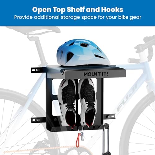 Mount-It! Bike Wall Mount Rack with Shelf and Hooks, Horizontal Indoor Bike Rack Garage Home, Space Saving Wall Mounted Hanger for a single Road, Mountain or other Bicycle with Extra Storage, Black - Image 3