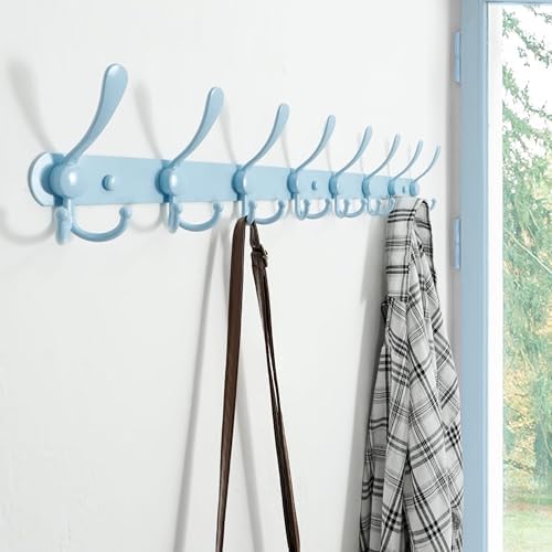 Dseap Coat Rack Wall Mount - 29.5” Long 8-Tri-Hooks Heavy Duty Coat Hanger Rail Wall Hooks for Hanging Coats Hats Clothing Clothes Purse Mudroom Entryway, Blue, Pack of 2 - Image 3