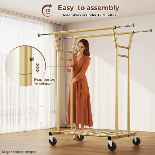 HYSEYY Heavy Duty Clothes Rack, Rolling Clothing Rack for Hanging Clothes with Shelves Load 700LBS,Portable Garment Wardrobe Closet Rack with Wheels for Bedroom,Laundry Room,Retail Store(Gold) - Image 6