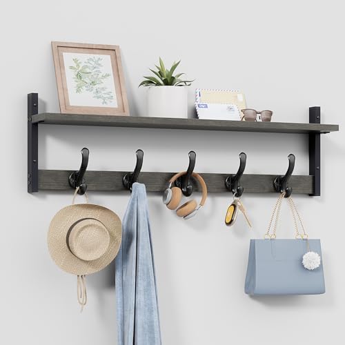 Tatub 29" Rustic Coat Rack Wall Mount with Shelf, Entryway Wall Hooks with Shelf, Coat Hangers for Bathroom, Living Room, Bedroom, Dark Grey by Tatub