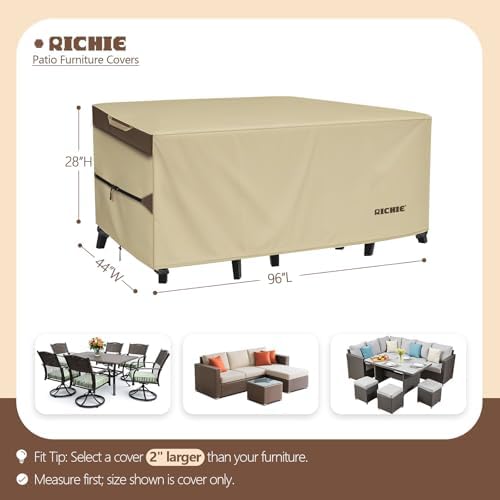 RICHIE Outdoor Patio Furniture Cover - Heavy Duty Waterproof 600D Tough Canvas Protector for Rectangular Table Cover, All-Season Dining Table and Chair Covers (96L x 44W x 28H Inch) - Image 2