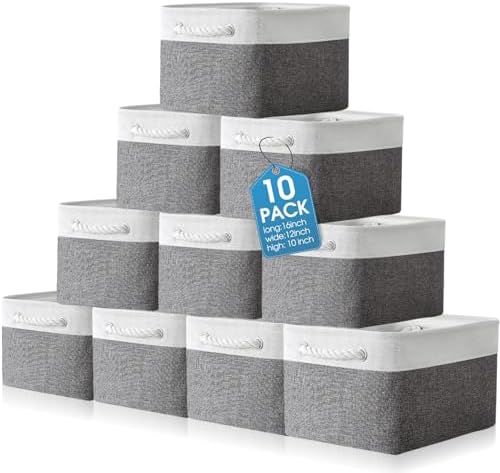 FoldTier 10 Pack Large Collapsible Fabric Storage Baskets with Handles Decorative Storage Bins for Organizing Shelves Toys Clothes(White & Gray,16 x 12 x 10 Inches) by FoldTier
