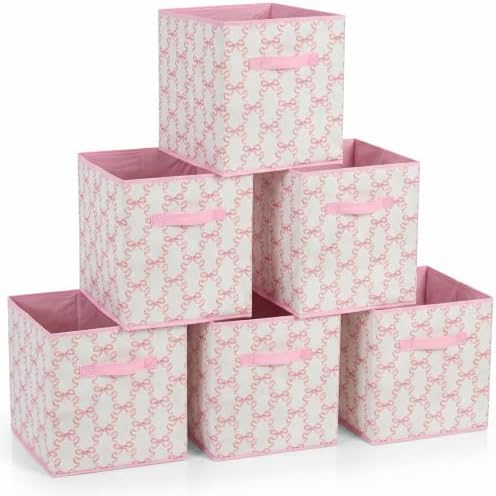 6 Pcs Pink Bow Cube Storage Bins 12.5 Inch Storage Basket with Handle, Cute Girls Organizer Basket, Collapsible Fabric Box for Classroom Bedrooms Office Home Decoration (Bow) by BBSET