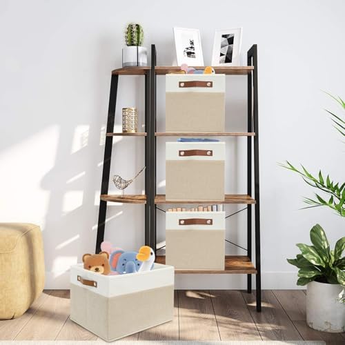 6 Pack Large Fabric Storage Baskets with Handles (White with Beige,15" L*13" W*13" H) - Image 6