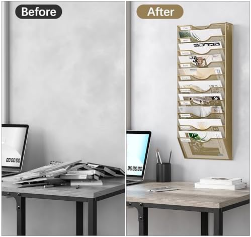 EasyPAG 10 Pocket Mesh Wall File Organizer, Hanging Paper Folder Holder with Classify Label, Vertical Wall Mount Mail Organizer for Office Home Classroom, Gold - Image 5