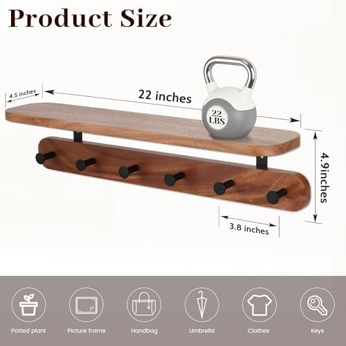 Coat Rack Wall Mount with Shelf, 22" Walnut Wood Wall Shelf with Hooks, Entryway Floating Coat Rack with 6 Metal Hangers for Coats, Backpacks, Living Room, Bedroom, Bathroom (Brown-22'' L) - Image 4