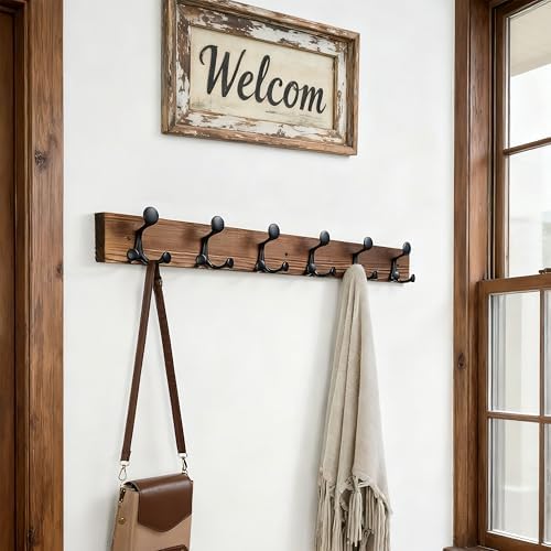 SKOLOO 36-Inch Wood Coat Rack Wall Mount with 6 Triple Hooks - Ideal for Family Entrances, Classrooms, and Pet Supplies Storage - Perfect Coat Hooks for Wall,Charred Golden Brown - Image 3