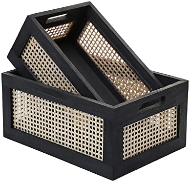 Wicker Wood Storage Baskets with Handle, Set of 2, Black by HODAKJUE