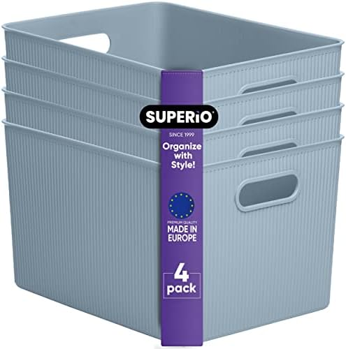 Superio Ribbed Collection - Decorative Plastic Basket Open Home Storage Bins Organizer, X-Large Blue (4 Pack) Container Boxes for Organizing Closet Storage Bins for Shelves 22 Liter/23 Quart by Superio