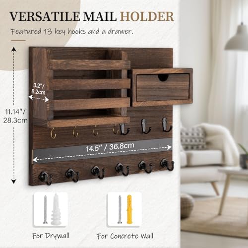 Nekon Key Holder Wall Mount with Drawer, 14.5" Mail Holder, Brown - Image 6